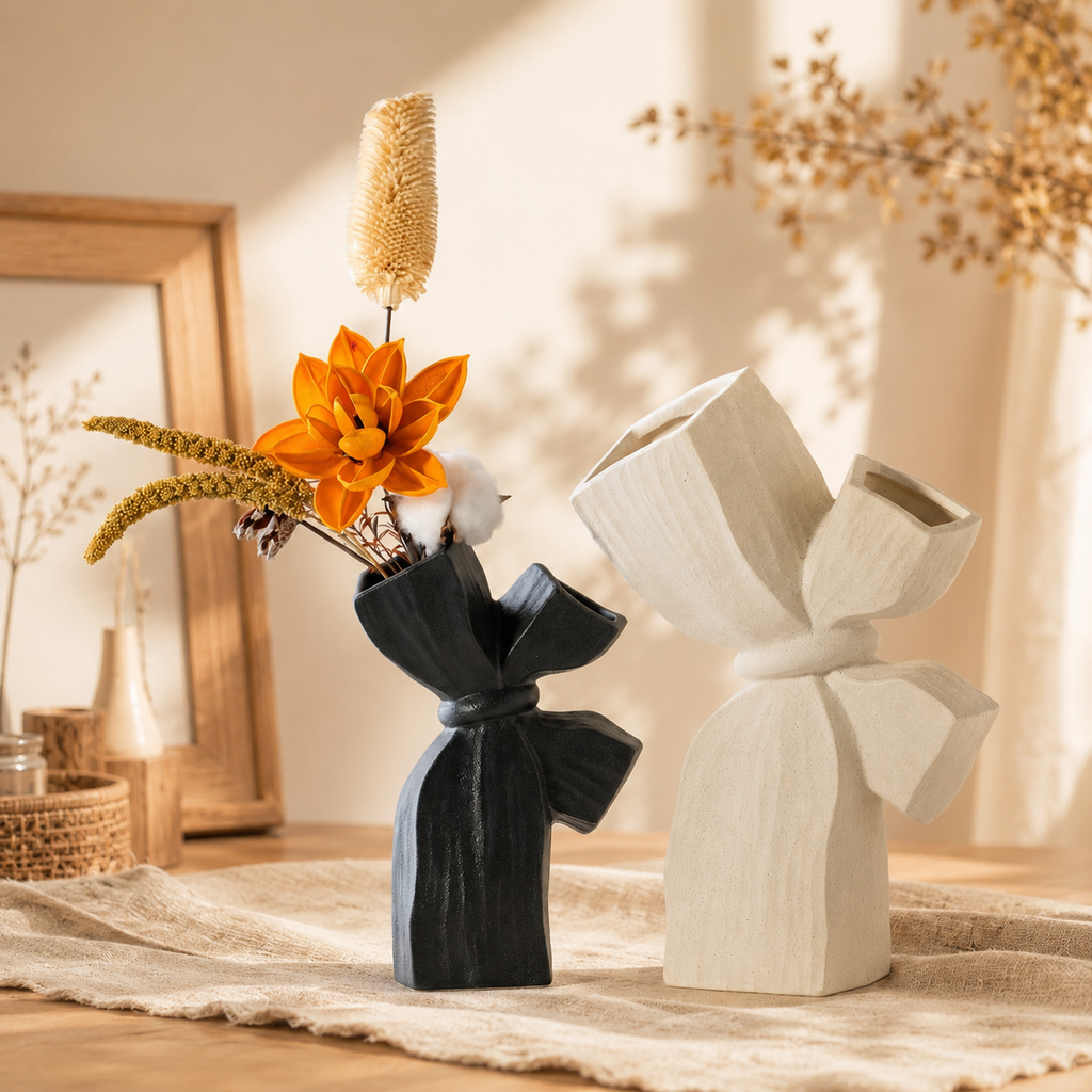 Modern Nordic Bow Knot Ceramic Vase Set – Decorative Flower Vase for Home Décor, Living Room, Dining Table & Office Decoration